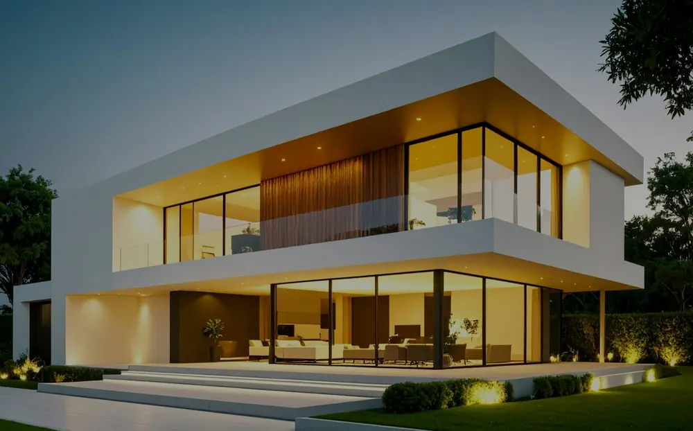 Modern home with a cantilevered upper level, lit from within at dusk